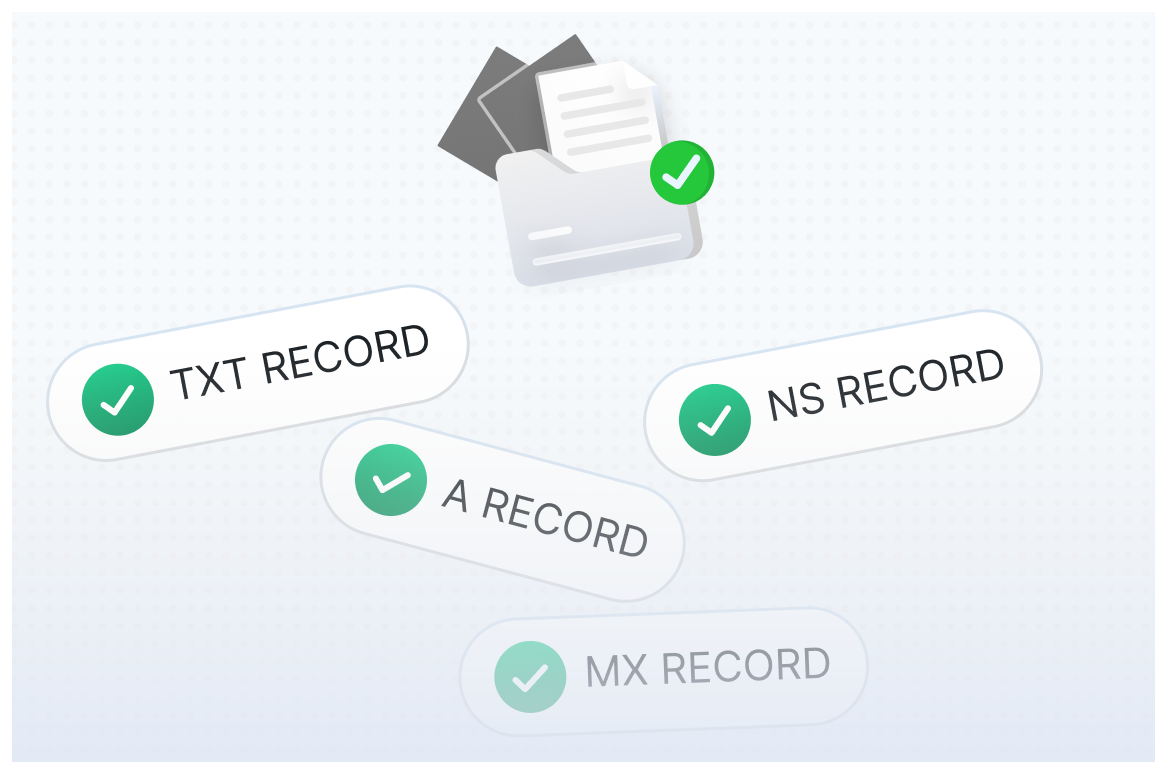 Managing DNS records illustration with TXT, A, NS and MX record chips